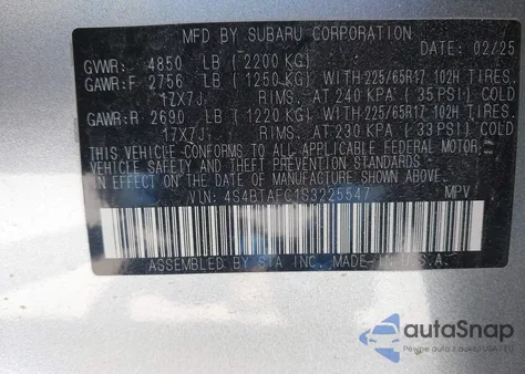 2025 Subaru Outback Premium from USA, damaged, VIN 4S4BTAFC1S3225547